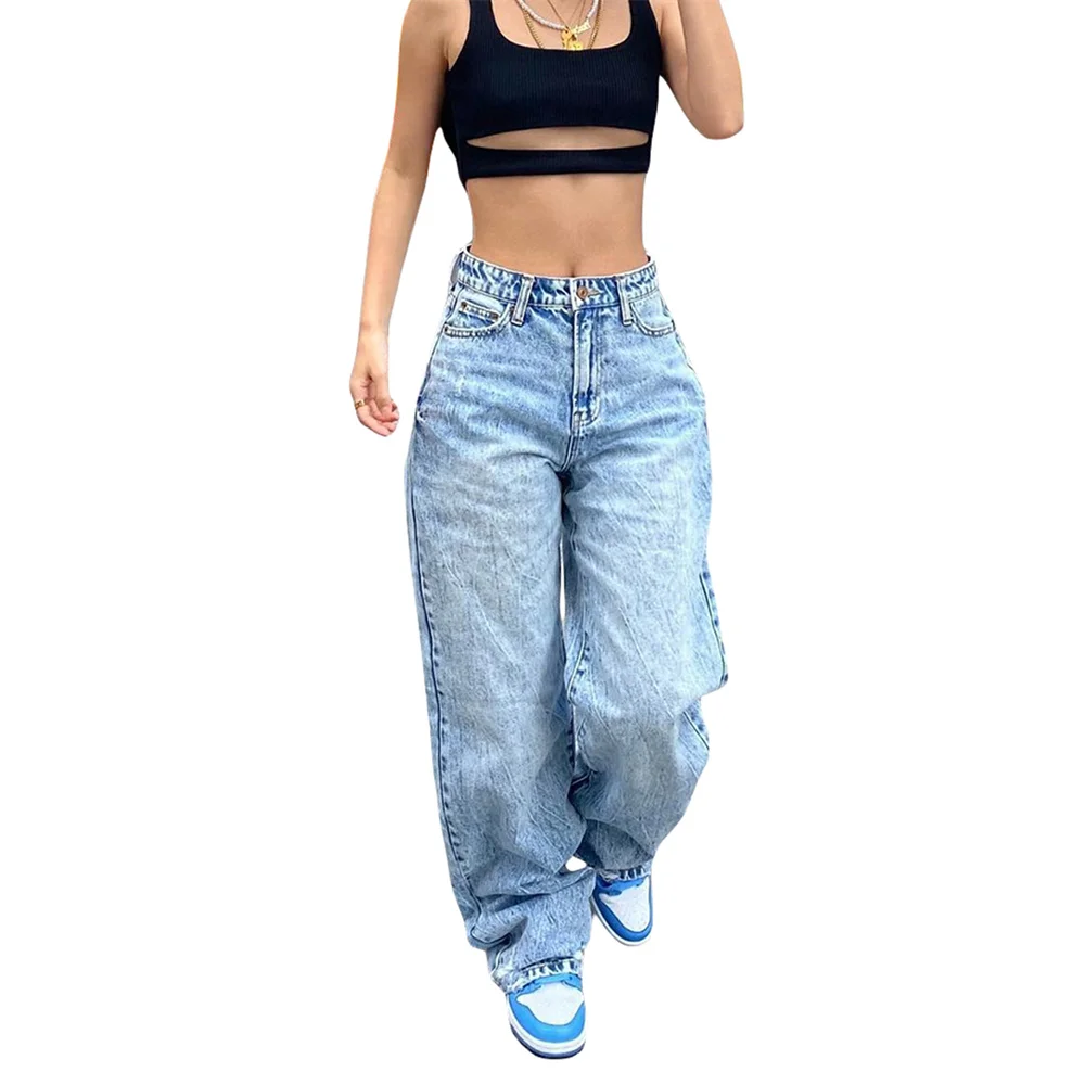 

Women Vintage Casual Fashion Loose Jeans, Summer Full Length Solid Color High Waist Straight Leg Denim Long Pants with Pockets