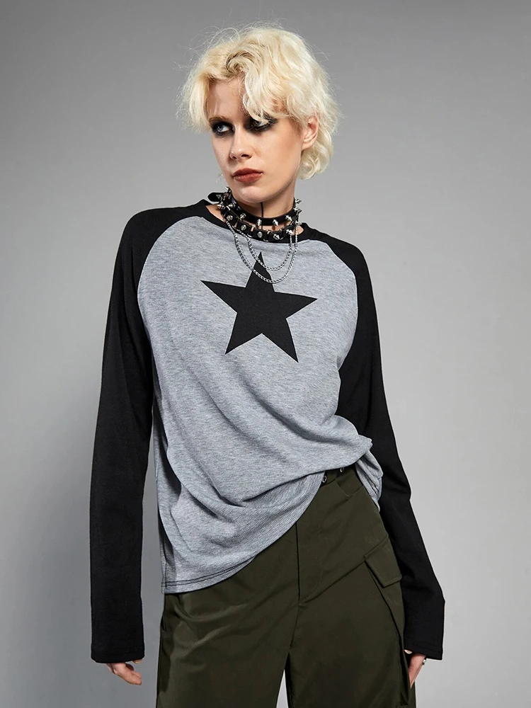 

Y2K Pullover Women T-shirt Pentagram Contrast Patchwork Harajuku Street Clothes Long Sleeve Shirt Oversize Tees for Female Tops
