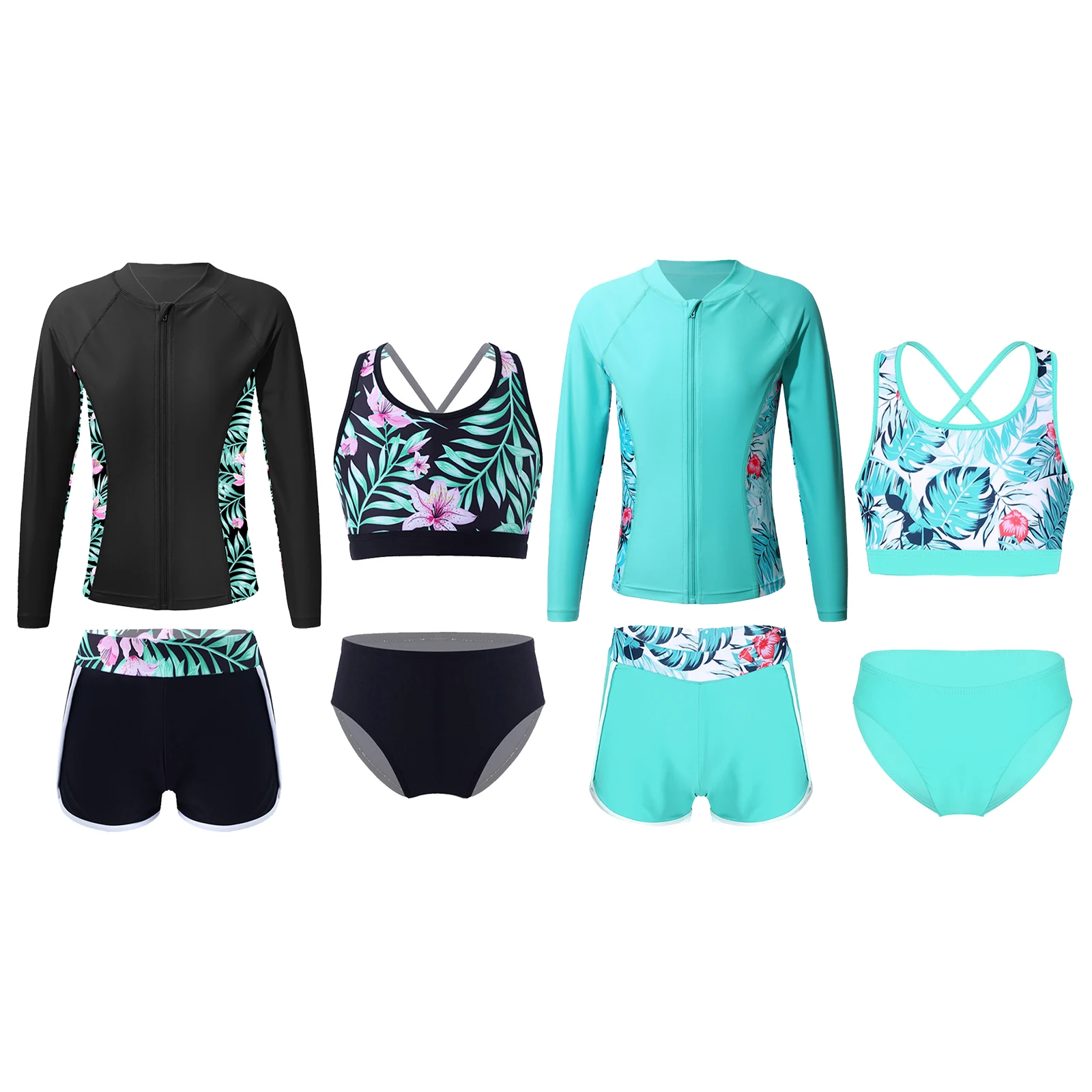 Kids Girls 4 Pcs Upf 50+ Swim Cover Up Sets Long Sleeve Zip Up Rashguard Shirts Tankini Bra Brief with Shorts Athletic Swimsuit 2