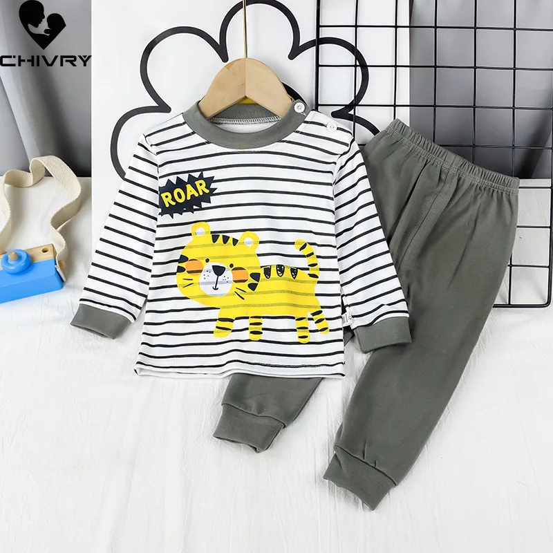 2023 New Kids Boys Girls Pajama Sets Cartoon Print Long Sleeve Cute T-Shirt Tops with Pants Toddler Baby Sleeping Clothing Sets