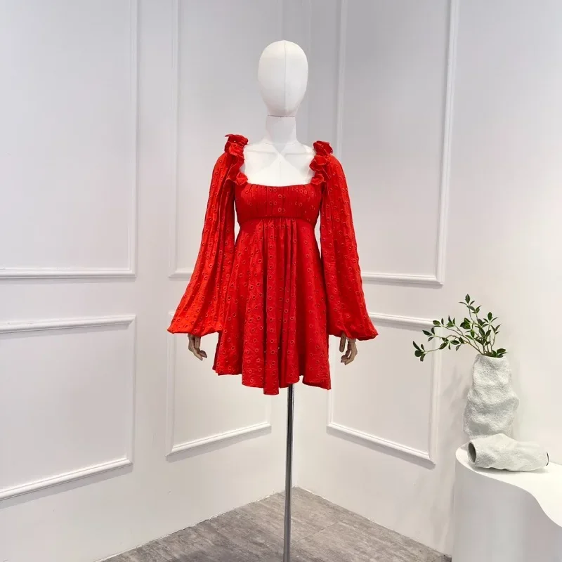 

Red 2023 Latest New High Quality Sweet Casual Long Lantern Sleeve Hole Backless Shirred Ruffles Lace-up Woman Mini Dress