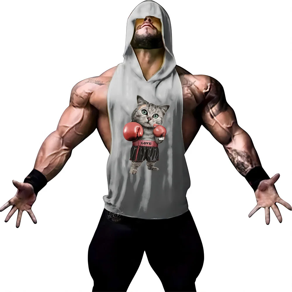 Men's hooded vest Breathable solid color print boxing cat fashion fast dry sports fitness casual fashion sleeveless multi-color