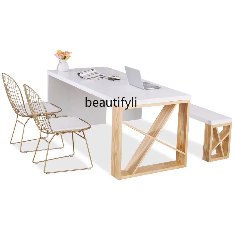 Customized Nordic Solid Wood Conference Table Creative Designer Workbench Simple Modern Long Table White Light Luxury Desk light luxury creative solid wood desk fashion personality curved conference table modern conference table desk simple workbench