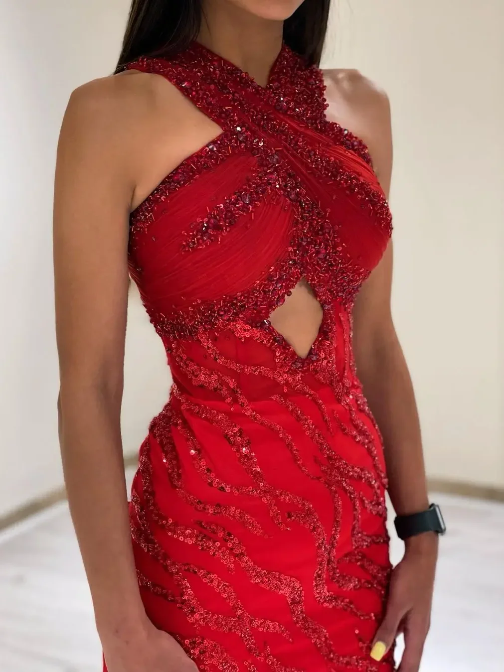 Women Prom Dresses Oisslec Sexy Halter Red Mermaid Prom Dresses Long Sleeves Evening Dresses Beads Sequins Zipper Women Formal Party