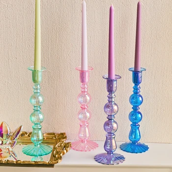 Colorful Glass Taper Candle Holder Tall Candlestick Decoration Party Desktop Ornament Home Decor Wedding Decoration