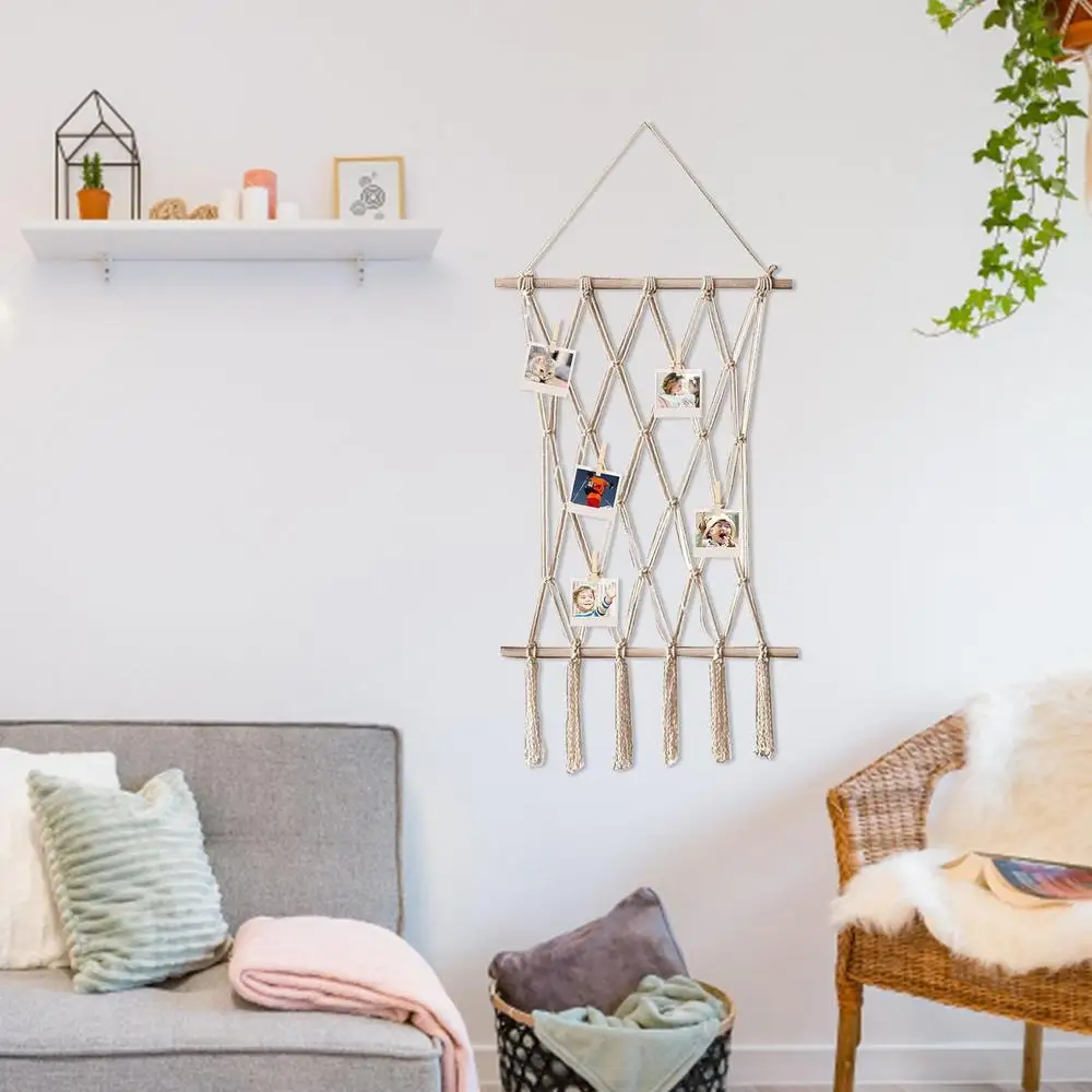 Hanging Photo Display Macrame Wall Hanging Pictures Frame Holder 10 Clips Boho Home Office Decor Wall Art Teen Girl Room Decor