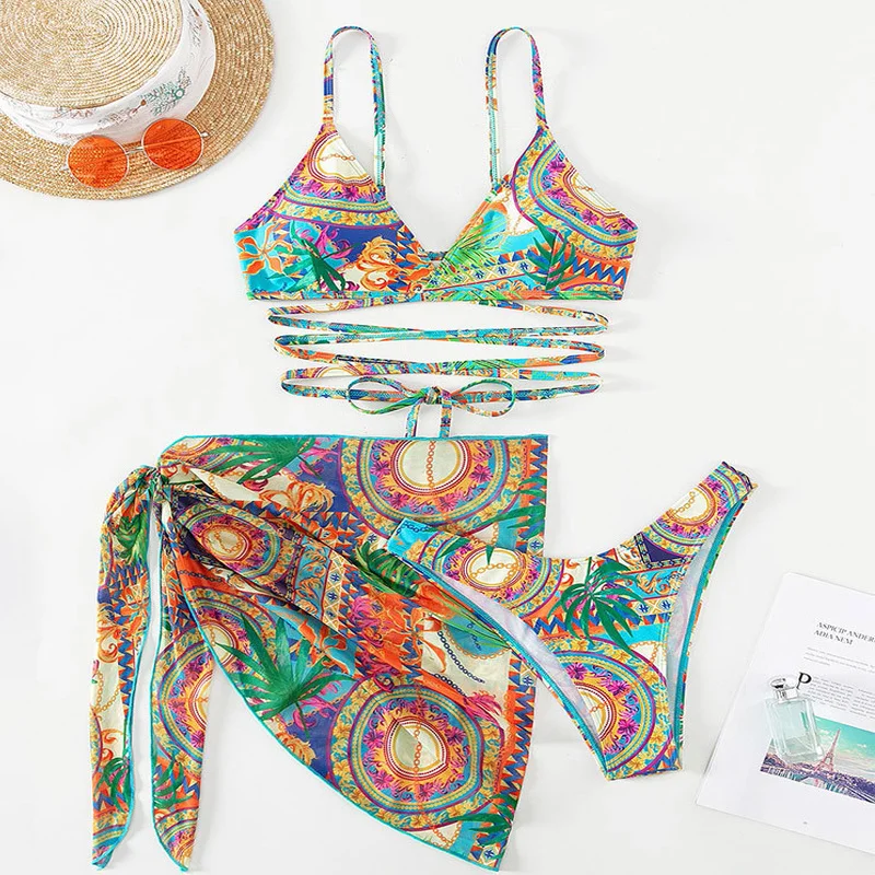 

3 Pieces Bathing Suit Sexy Bikini 2023 Women`s Cover Up Bikinis Set Female Ladies 3 Pack Allover Print Halter Swimsuit
