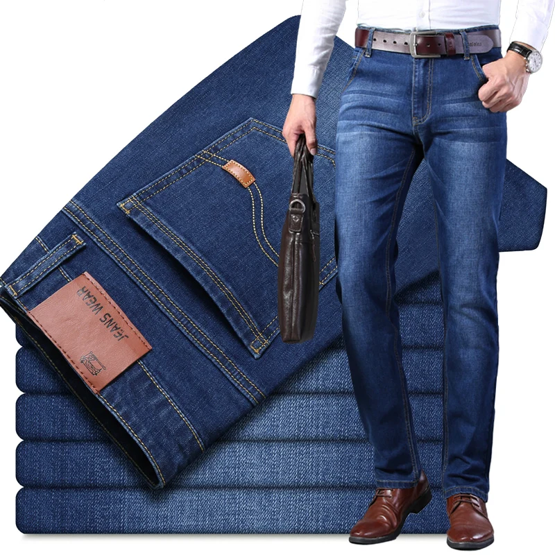 Business Men's Jeans Casual Straight Stretch Fashion Classic Blue Black Work Denim Trousers Male Brand Clothing