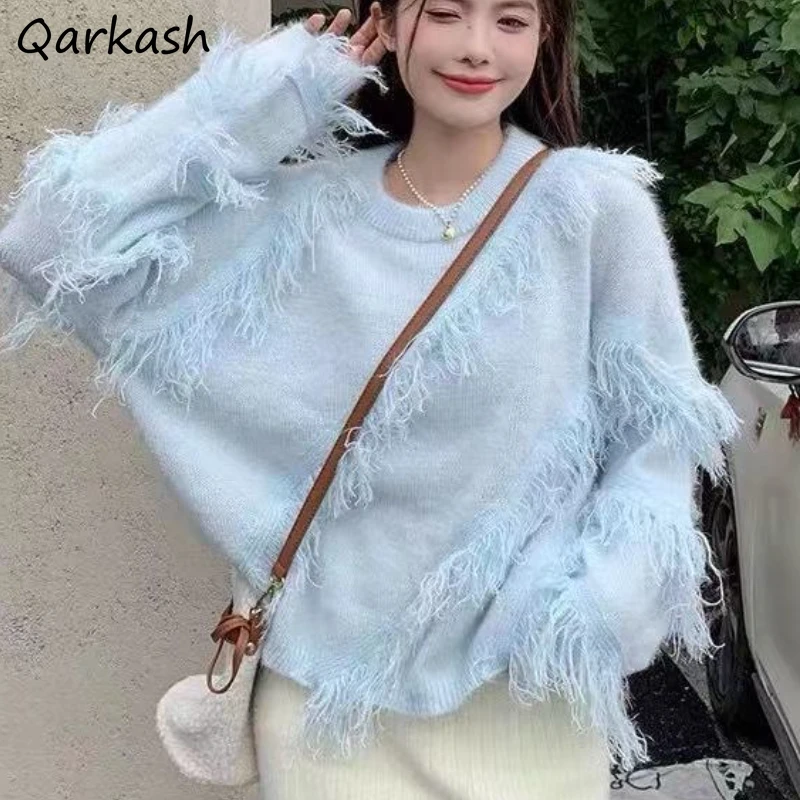 

Pullovers Women Tassel Design Irregular Solid Aesthetic Baggy Autumn Streetwear Temper Vintage Clothing Casual Soft