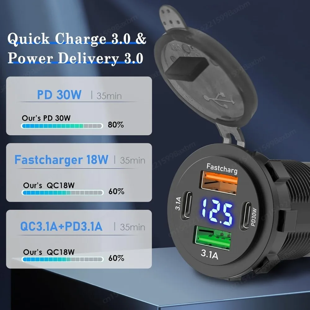 12V QC3.0 USB-C 콘센트 소켓 PD 타입-C USB 차량용 충전기 전원 콘센트 액세서리 방수 기능 탑재 자동차, 보트, 선박, 버스, ATV, 트럭용