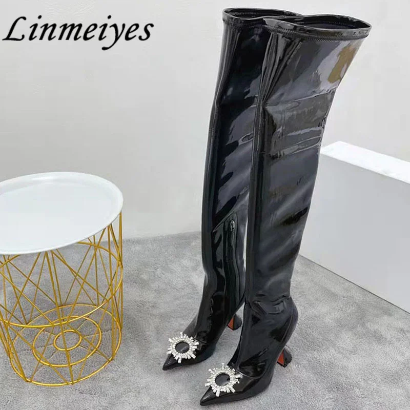 

Black Hoof Heels Long Boots Women Patent Leather Pointy Toe Slip-On High Heels Shoes Sun Flower Over-the-Knee Modern Boots Woman