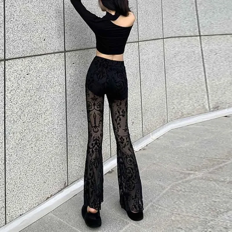 Fashion Skinny Sexy Lace Hollow Out Slim Spicy Girl Flare Pans Women Black Perspective Embroidered Elastic High Waist Trousers