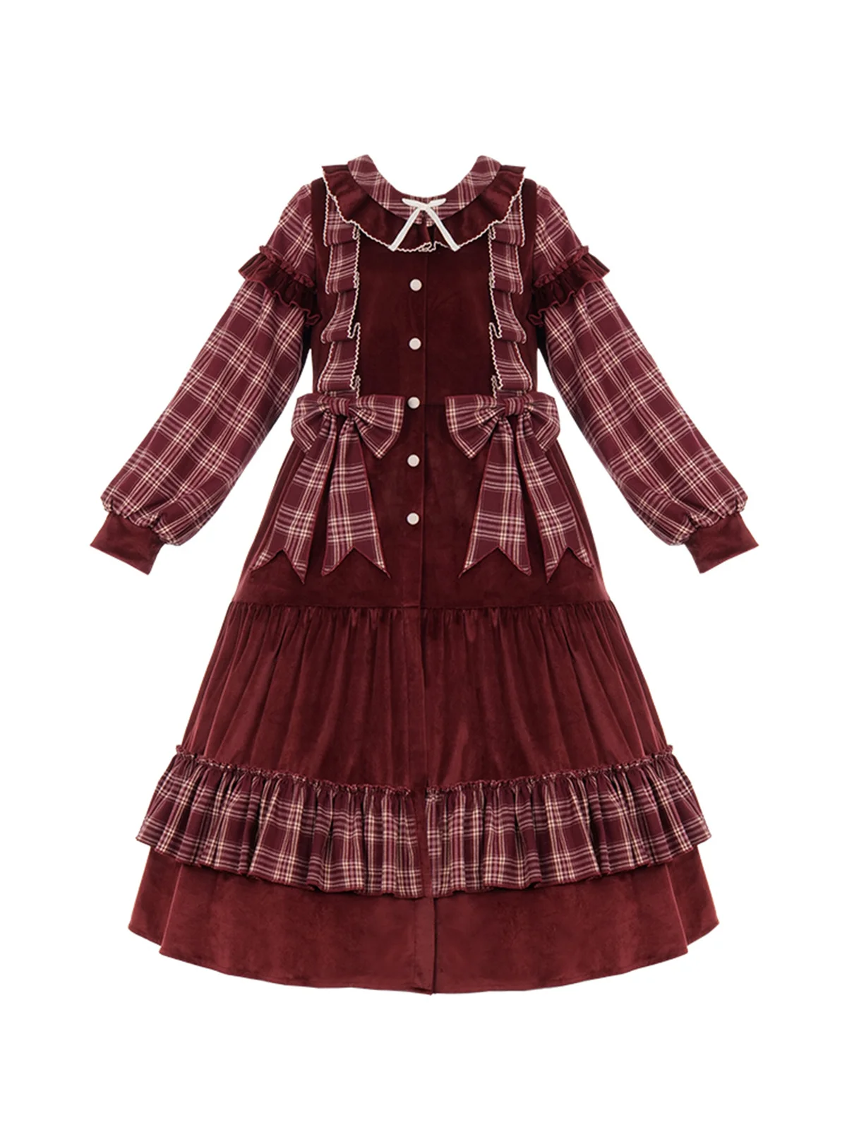 French Vintage Cosplay Lolita Girls Christmas Sweet Grid Ribbon Bowknot Puff Sleeve Peter Pan Collar Button Dress