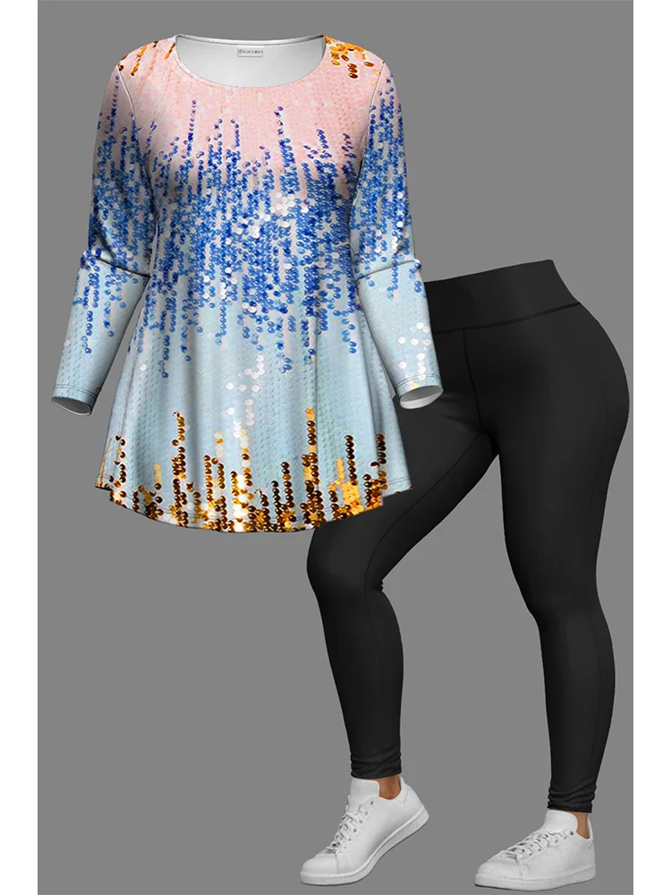 Plus Size Women Casual Blue Sequin Printed Two-piece Set Long Sleeved Tops and Slim Pencil Pants Daily Casual Matching Set diaves woman new summer fashion high waist sequin belt flower printed detailed pink denim pencil jeans pants