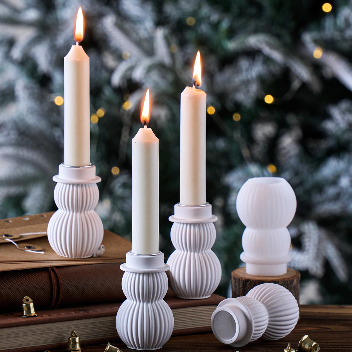 Christmas Snowman Candlestick Silicone Mold DIY 3D Stripe Concrete Candle Holder Long Wax Base Craft Gift Mold Xmas Party Decor