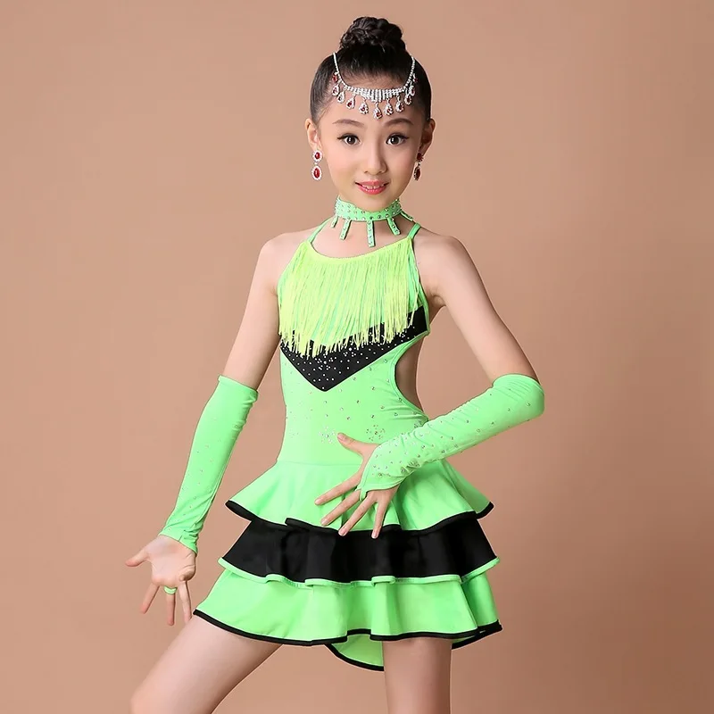 

Children professional Latin dance performance clothing new girls bright diamond tassels latin dance