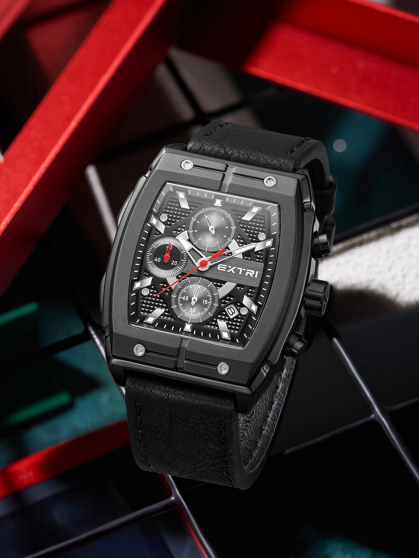 Extri Mens Chronograph Watches New Rectangle Blue Case Famous Brand Luxury Leather Sport Watches Free Shipping With Gifts Box