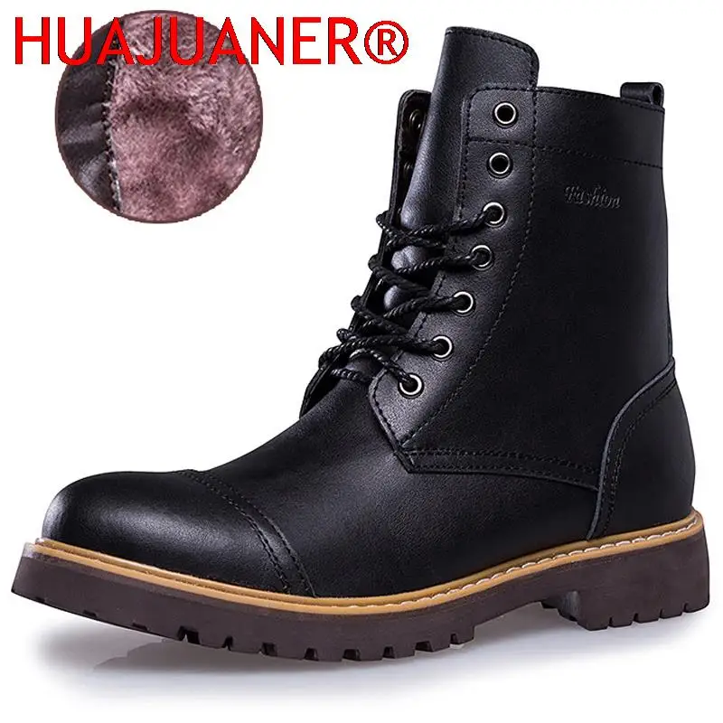 Genuine Leather Men\'s Boots Plush Warm Winter Boots High Quality Men Motorcycle Boots Fashion Tooling Shoes