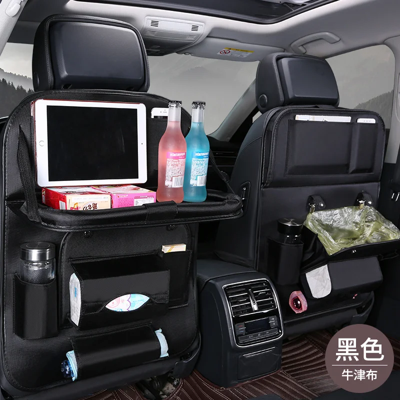 

Car Back Seat Hanging Storage Bag With Foldable Table Tray Tablet Holder Leather Auto Backseat Tissue Box Trash Can Organizer