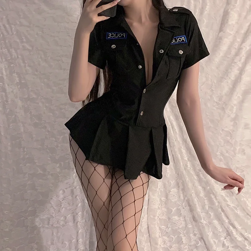 

Sexy Lingerie Police Uniform Female Cop Pleated Dress Policewoman Erotic Roleplay Costume Women Officer Cosplay Crotchless Skirt