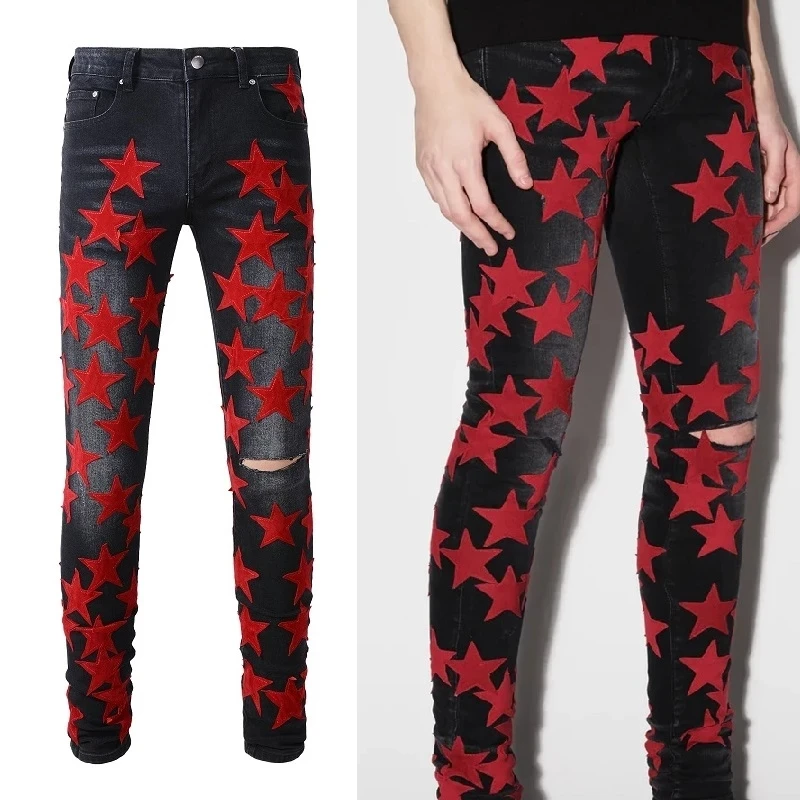 

High Street New 2022 AM Men's Jeans Black Denim Pants Patch Contrast Color Star Pentagram Patch Slim Jeans For Men Trend