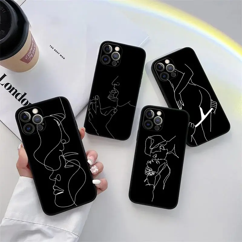 

Sexy Line Lover Couple Kiss Phone Case for iPhone 11 15 Pro Max Case Coque 14 Plus 13 Pro 12 11 XS XR 7 8 SE 2020 TPU Soft Cover