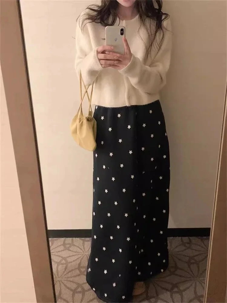 2025 Faldas Mujer De Moda Fashion Thicked Skirt Korean Long Skirts Women Elastic Waistband Bandage Jupe Star Print Casual Saia 5