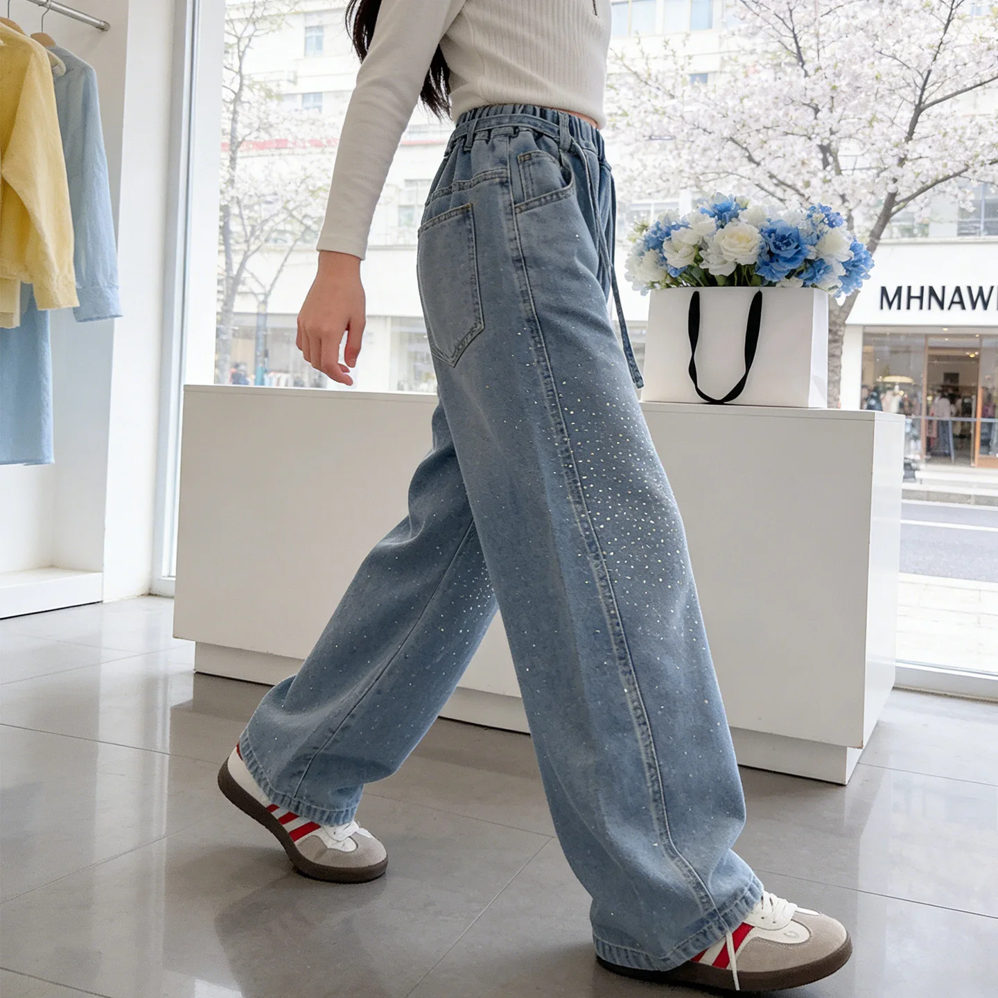 2026 신상품 여아 와이드 레그 진 데님 블루 핫픽스 라인스톤 키즈 팬츠 5-16세