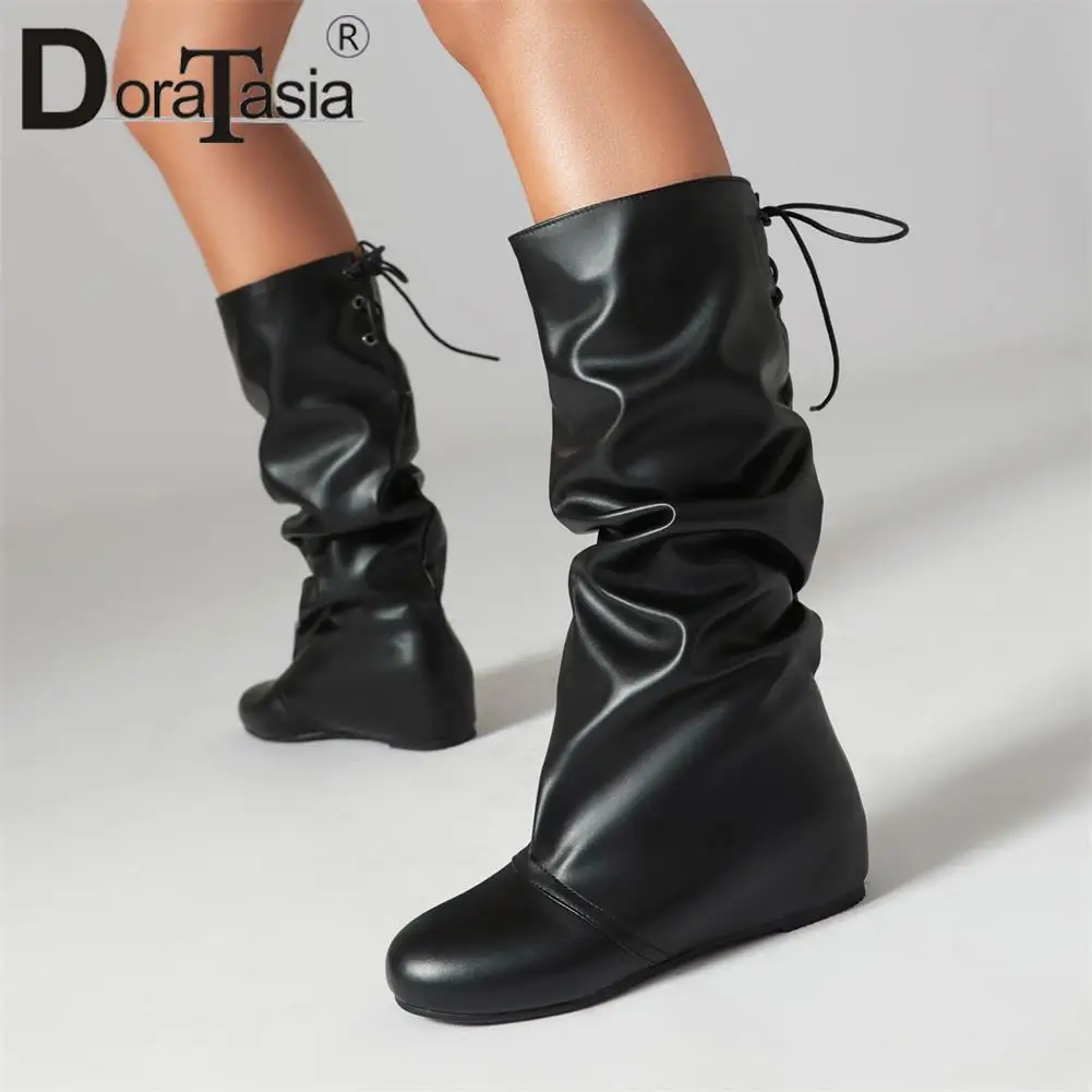 

Plus Size 30-48 New Ladies Solid Mid-Calf Boots Fashion Height Increasing women's Boots Casual Autumn Winter Shoes Woman