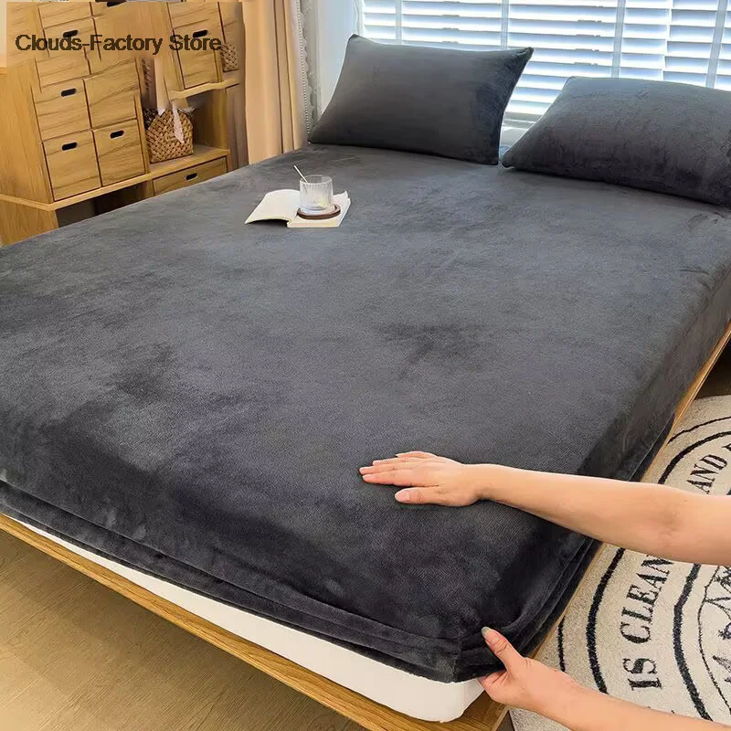 Winter Plush Elastic Fitted Sheet Double Bed Sheet Soft Warm Velvet Bedspread Mattress Cover Bed Protector 90 120 150 180 200 mattress cover,printed fitted sheet,printed bedspread,velvet bed cover