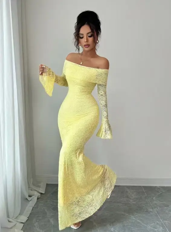 فستان أصفر دانتيل أوف شولدر بتصميم أنثوي