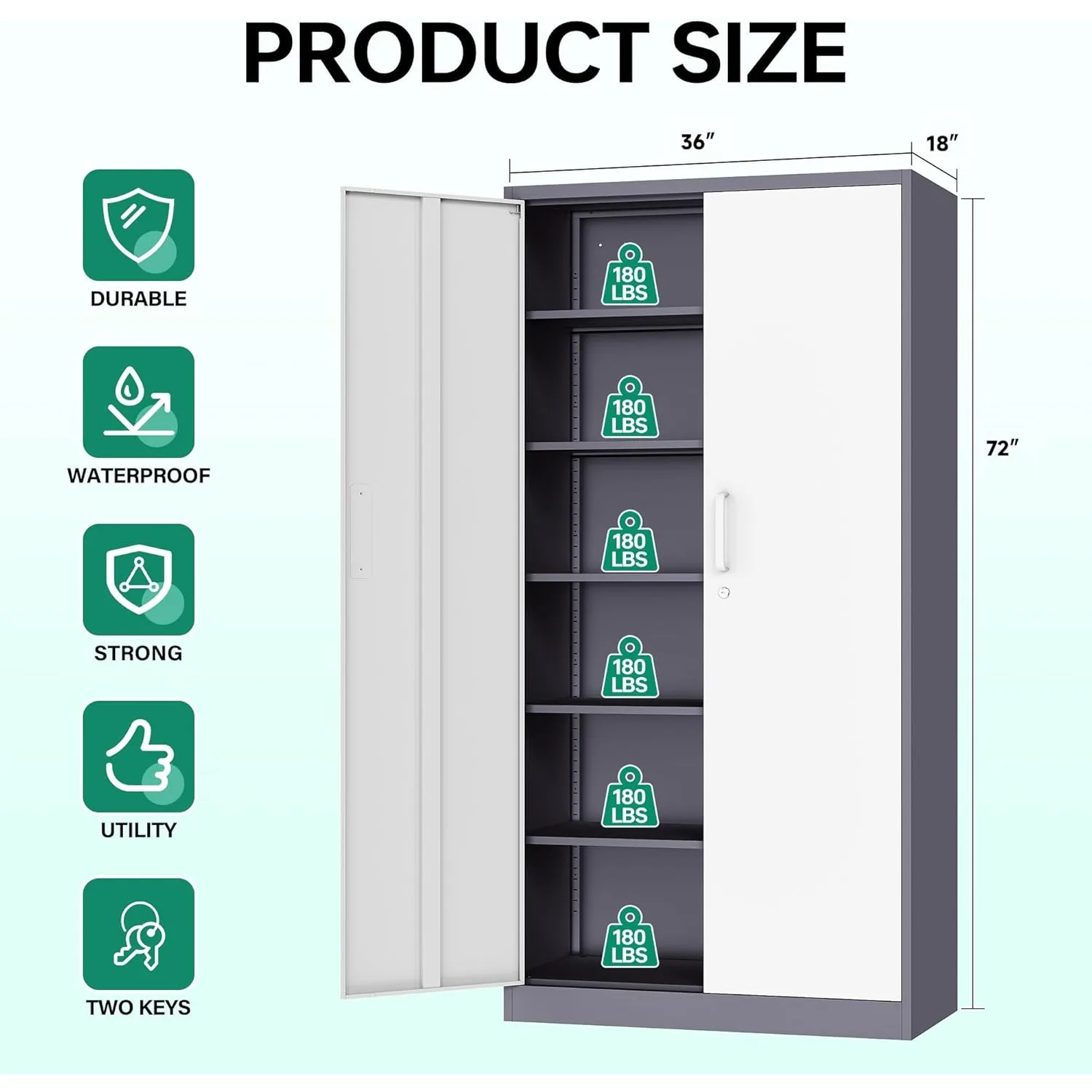 Metal Storage Cabinet with Lock Door and 5 Shelves,6 Tier Steel Garage Tool Cabinet 72" H X 36" W X18 D (White Gray) 3