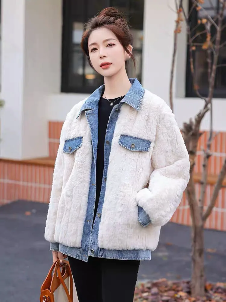 Coat Women's Thickened Imitation Rabbit Fur Spliced Denim 2023 Winter New Loose Jacket winter cashmere thickened sweater girl 2020 new harajuku style student imitation lamb wool fake two loose coat fashion