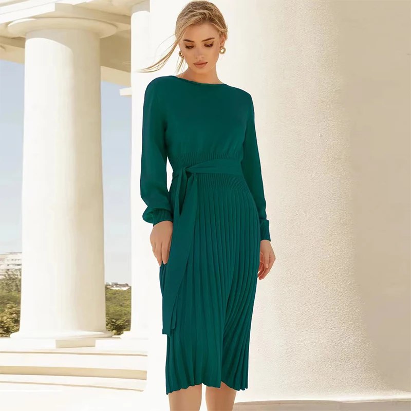 

Minimalist style women's clothing new autumn/winter knitted dress slim fit pleated mid length base sweater skirt