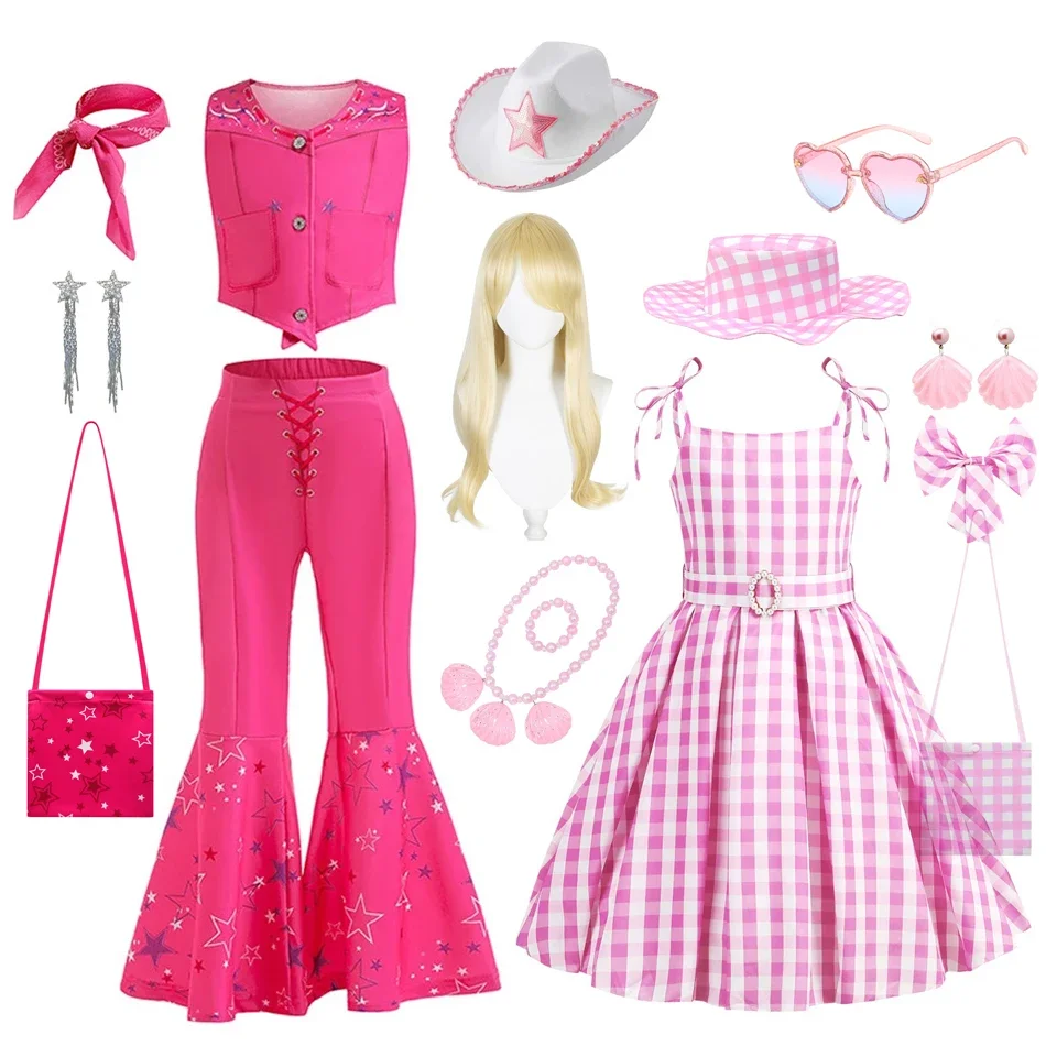 Barbi Girl Dress Princess Cosplay Costume Pink Plaid Beach Outfit Birthday Halloween Party Kids Dress