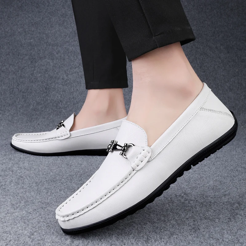 Genuine Leather Metal Buckle Loafers Men's Flat Driving Shoes Simple Business Leather Shoes Comfortable Soft Soled Walking Shoes 6