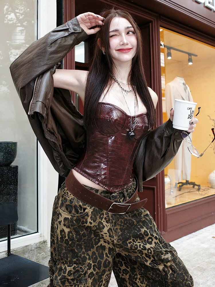 Nibber Faux Leather Corset Tops Women Low-Neck Sexy Midnight Skinny Hottie Retro Music Festival Wild Hip Hop Style Streetwear