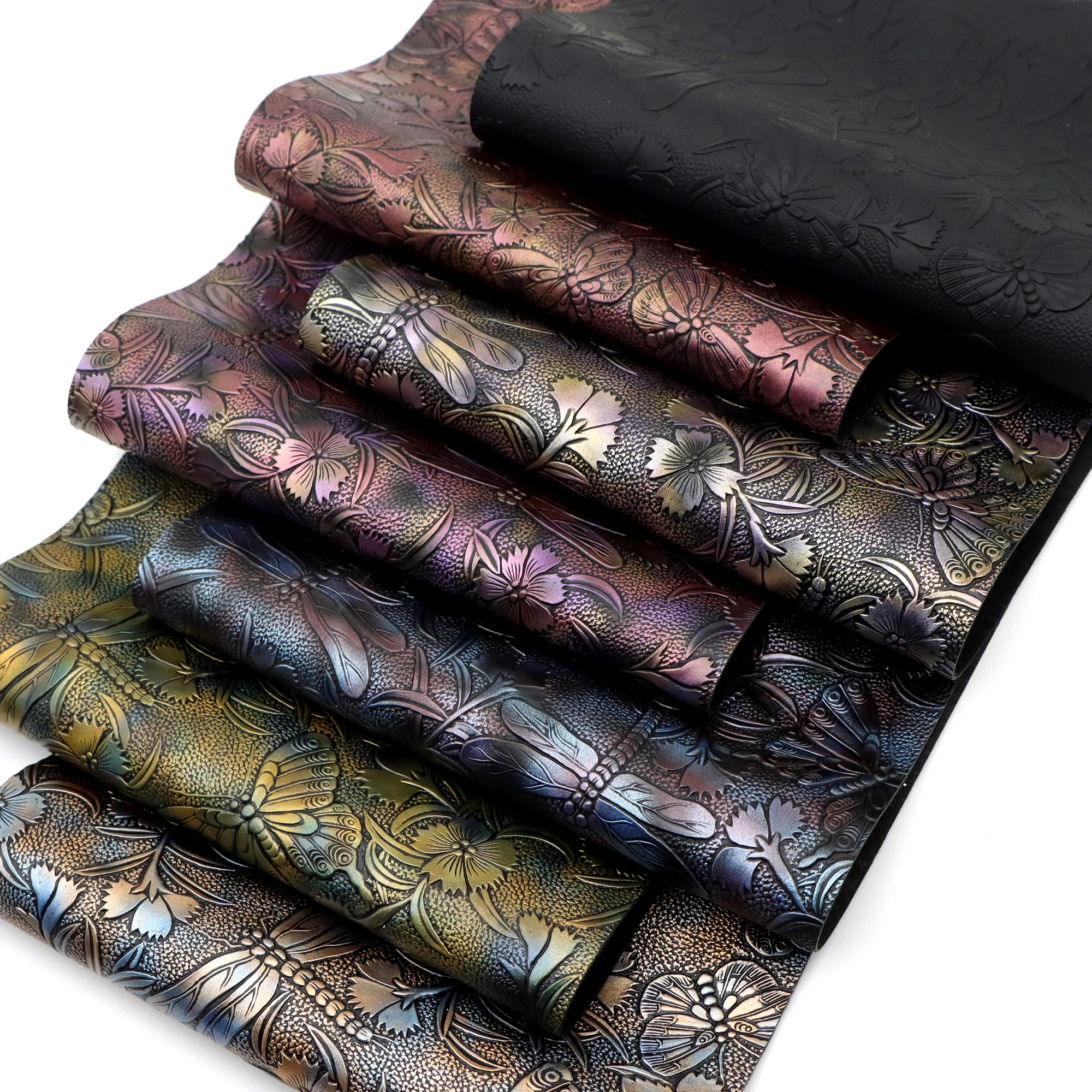 Metallic Color Flower  Faux Leather Sheets Dragonfly Flower Synthetic Leather Fabric Roll For DIY Earrings Bags Bows