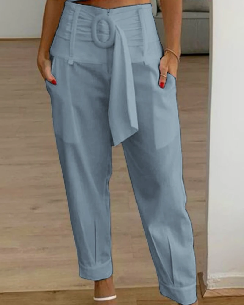 

Ninimour Women High Waist Belted Pocket Design Pants 2023 Spring Autumn Casual Solid Color Lace Up One Piece Suit Long Pants New