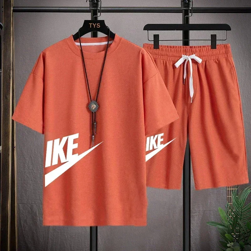 2024 New Summer Round Neck Short Sleeve Men Casual Sports Set Loose T-shirt Shorts Waffle Style Clothing Personality Streetwear