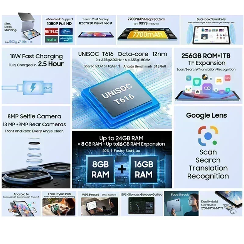 Blackview Tab 16 Pro Tablet 11'' FHD+ Display 8GB+256GB 13MP 8MP Widevine L1 7700 mAh Battery Android 14 Tablet PC 2