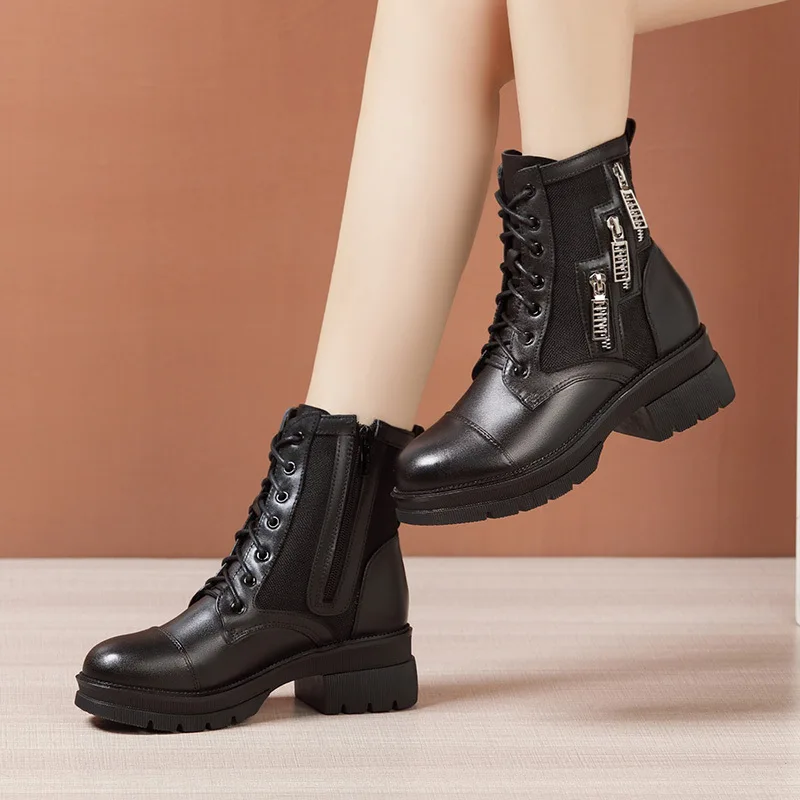 High quality mid calf leather boots for women 5cm mid heel platform round tone 2023 autumn winter elegant 35 39 40 shoe - black