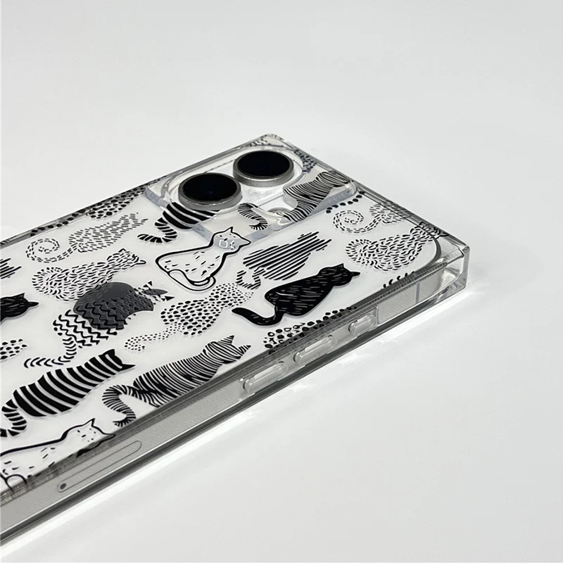 Cartoon Sketch Cats Pattern Right Angled Edge Case For iPhone 16 15 13 14 12 Pro Max Clear Phone Back Cover