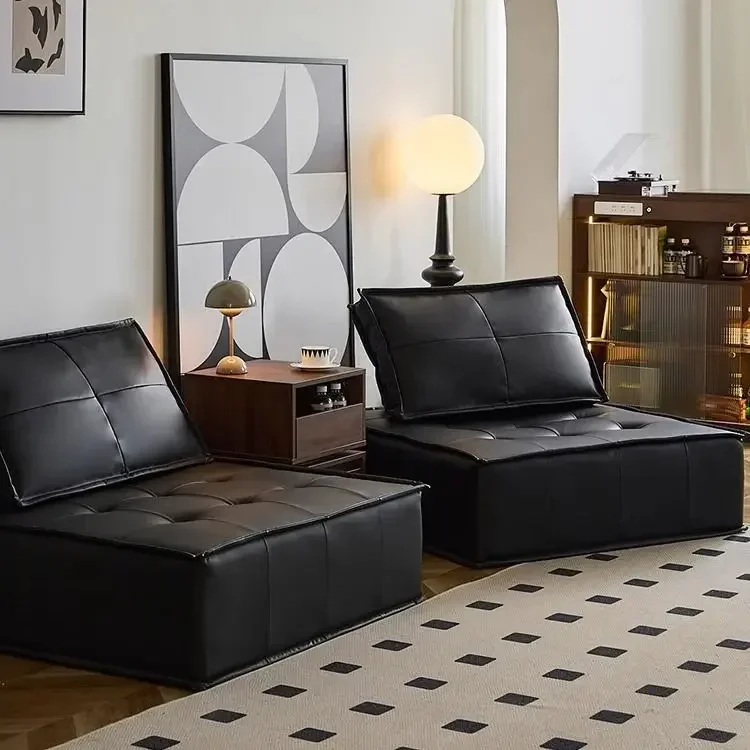 Minimalist Italian Leather Sofa Single Seat Black Modular Sofa with High Backrest Original Piemonte Leather Design Living Room