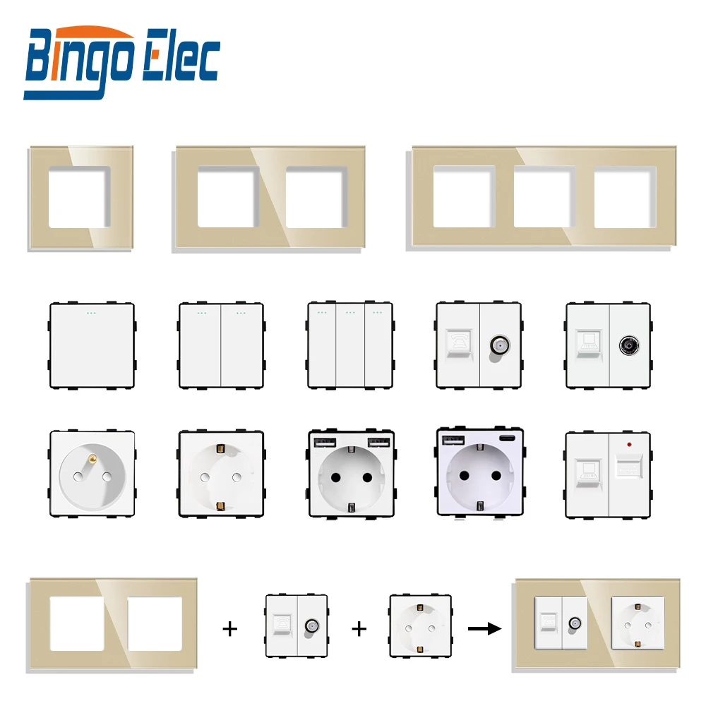 Bingoelec Bianco Nero Grigio Oro Pannello Di Vetro Interruttore A Parete Eu Francese Uk Presa Di Corrente Usb Type-C Tv Rj45 Modulo Fai Da Te