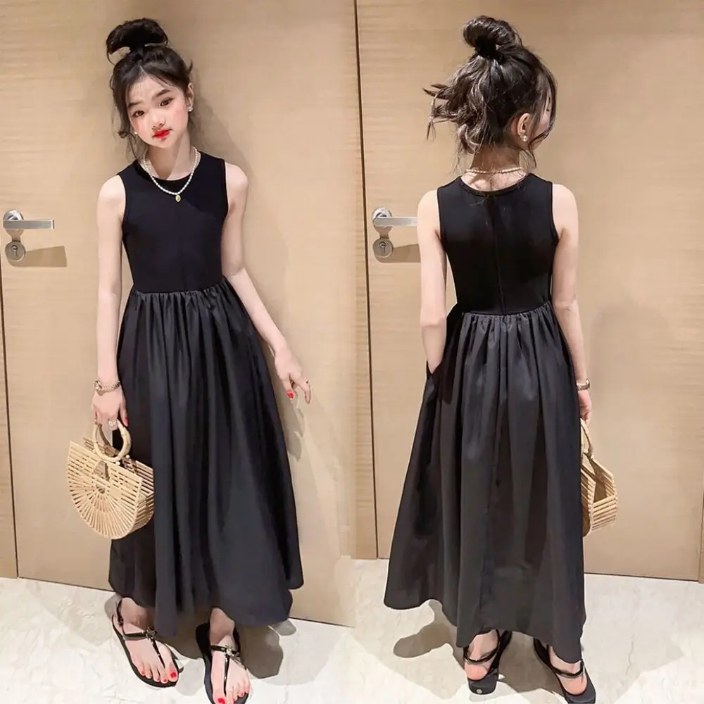 Fashion Sleeveless Girl Princess Dress Loose Sweet Teens Party Dress Elegant Children Black Dress Kids