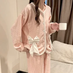 Coral Fleece Pajamas Women's Autumn Winter Thickening Sweet Cardigan Flannel Home Service French Suit Pink Bow Cute Sleepwear
