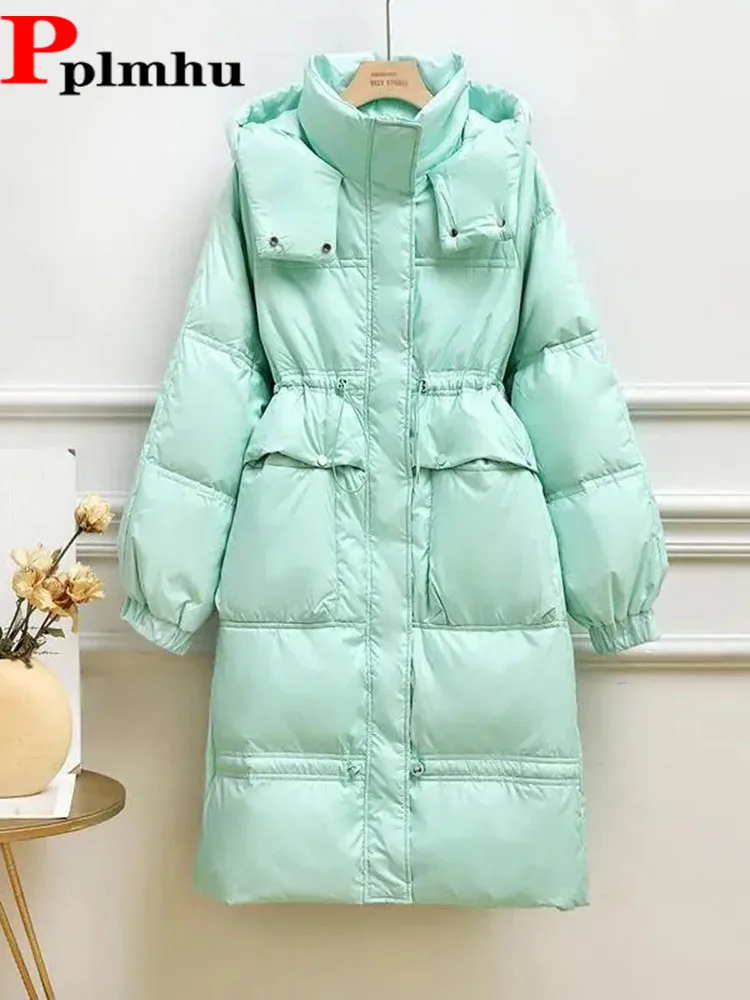 

Women Winter Hooded Long Coats Down Plus Size Thickened Loose Pocket Parkas Waist Drawstring Jaqueta Puffer Korean Cold Jackets
