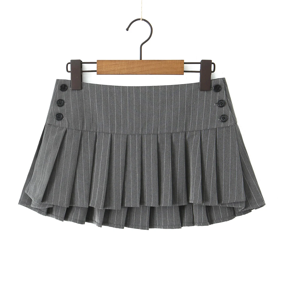 【新品タグ付】Side accordion line pleated skirt Y2K Grey Striped Print Side 3 Buttons Pleated Mini Skirt