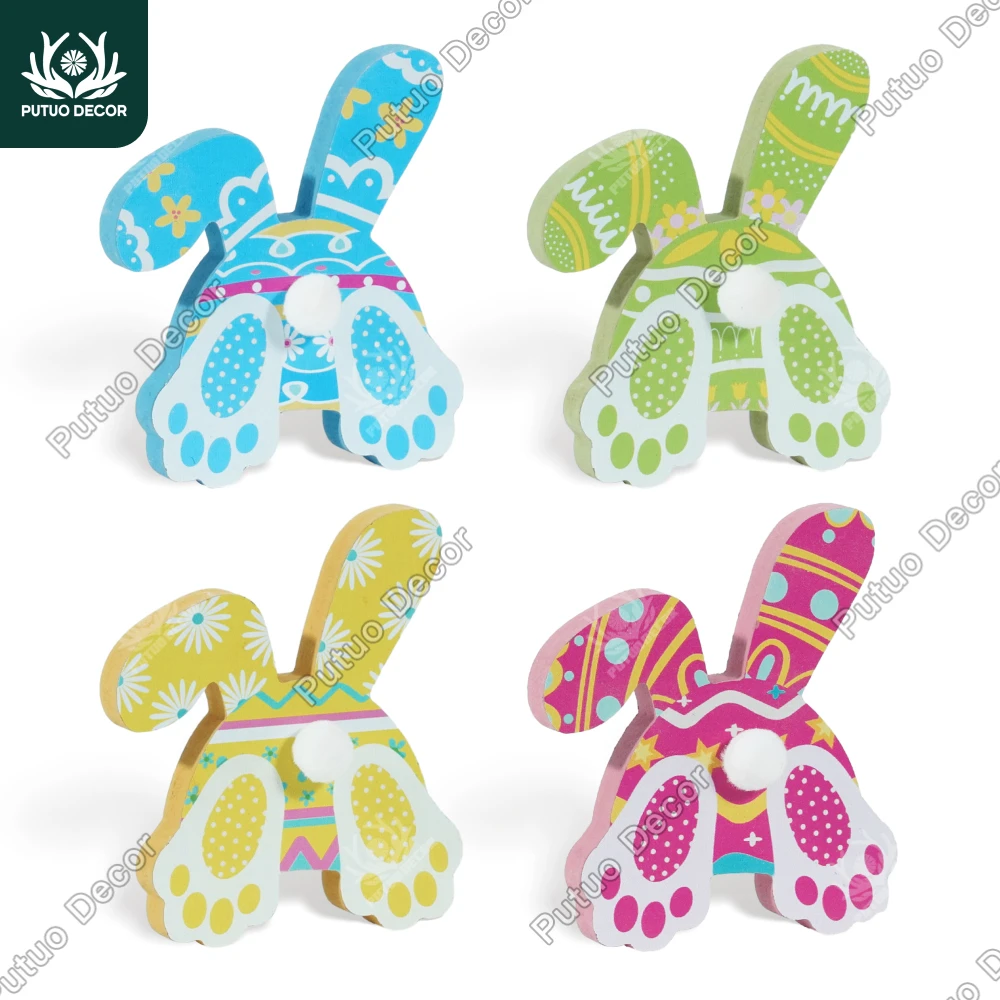 

Putuo Decor 4pc Wooden Decor, Colorful Bunny with Rabbit Tails, Desktop Decor for Home Farmhouse Living Room Cafe, Easter Gifts